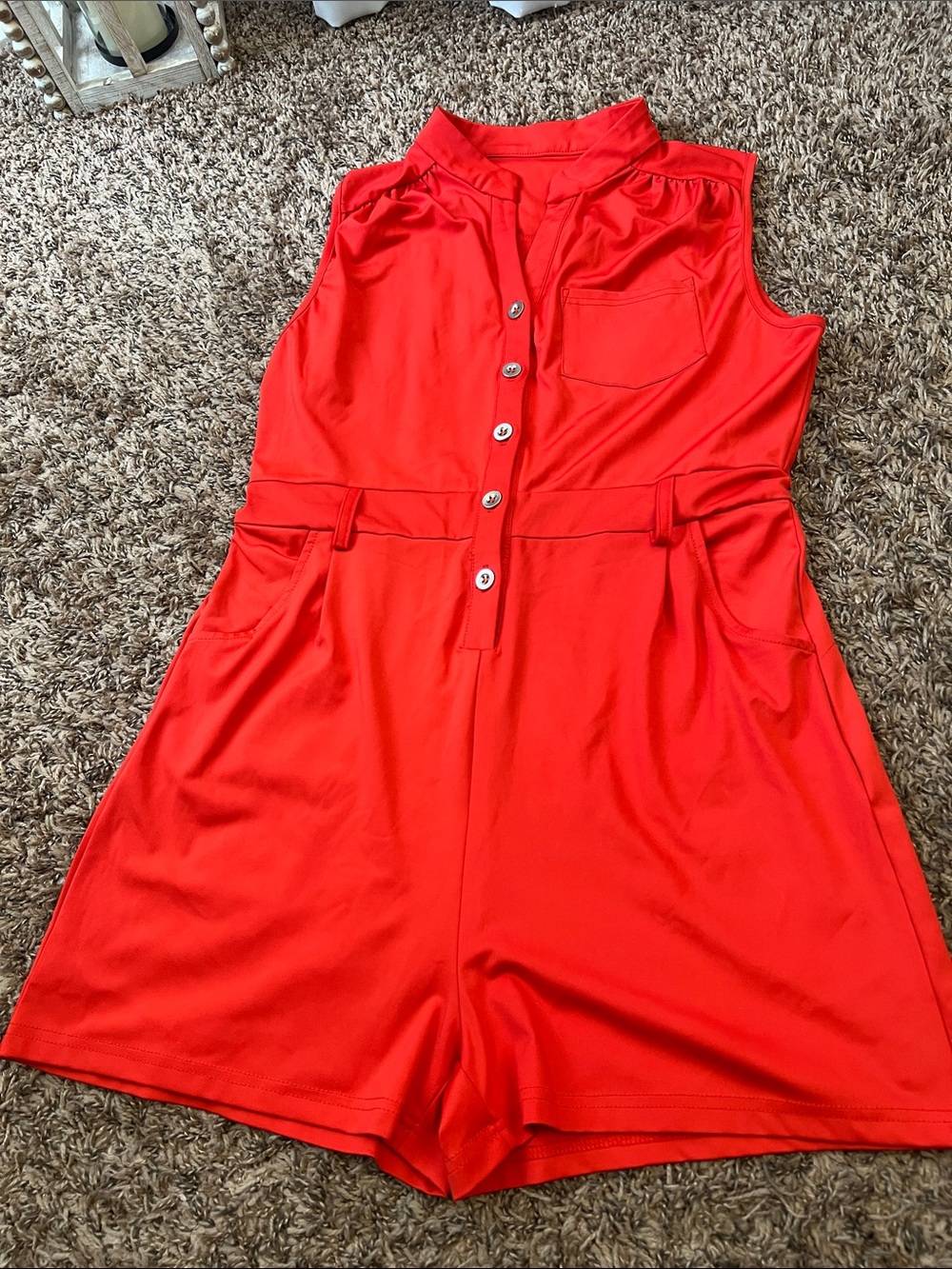 Sleeveless Red Romper with Button Front